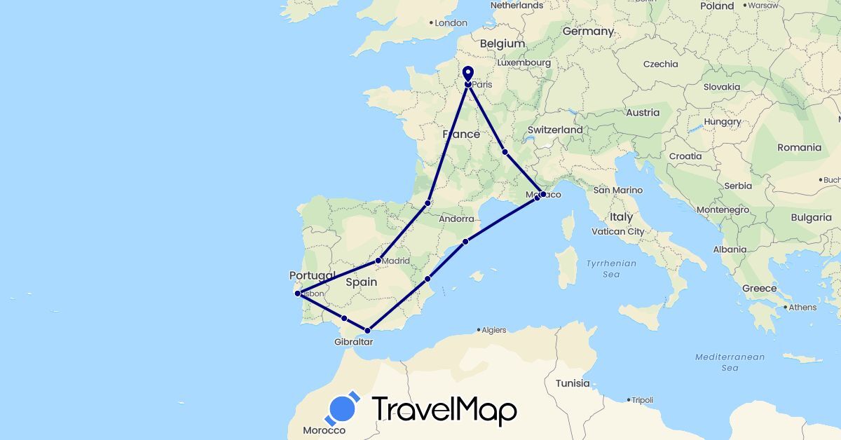 TravelMap itinerary: driving in Spain, France, Monaco, Portugal (Europe)